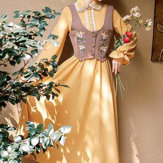 Flared-cuff Lace Trim Midi Shirtdress / Floral Embroidered Buttoned Vest / Set