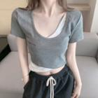 Mock Two-piece Cropped Short-sleeve T-shirt
