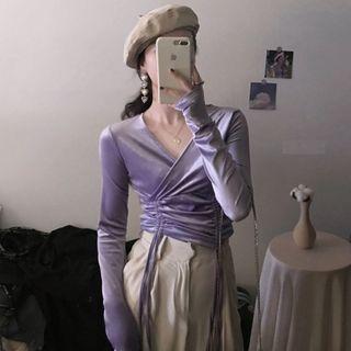 Long-sleeve Drawstring Crisscross Plain Top