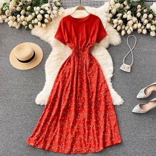 Round-neck Plain Short-sleeve Panel Floral Dress