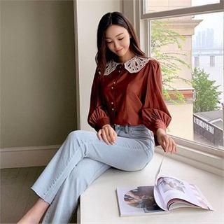 Laced-collar Puff-sleeve Blouse