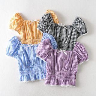 Lace Trim Puff-sleeve Gingham Cropped Blouse