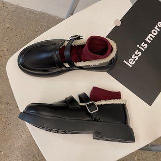 Block Heel Fleece Trim Mary Jane Loafers