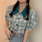 Puff-sleeve Plaid Cropped Blouse Blue - One Size