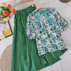Set Of 2 : Round-neck Puff-sleeve Floral Top + Plain Slit A-line Maxi Skirt