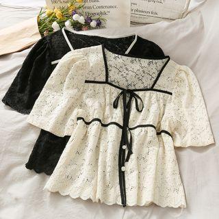 Tie-front Sheer Lace Blouse