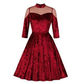 3/4-sleeve Dotted Mesh Panel Mock-neck Midi A-line Dress