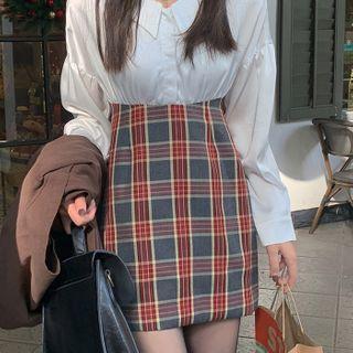 Mock Two-piece Long-sleeve Plaid Mini Sheath Dress