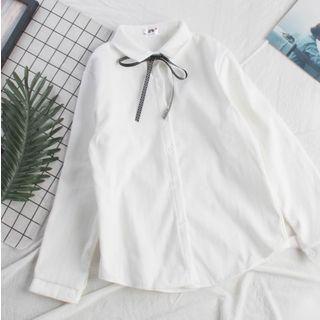 Long-sleeve Bow Accent Shirt White - One Size