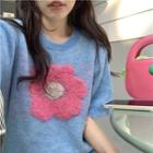 Short-sleeve Flower Knit Top Blue - One Size