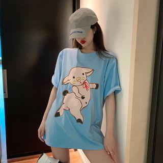Short-sleeve Pig Print T-shirt Blue - One Size