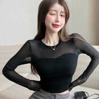 Mock Two-piece Cropped Sheer Top Black - One Size
