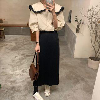 Frill Trim Elbow-sleeve Blouse / Midi Skirt