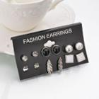 6 Pair Set: Alloy Earring (assorted Designs) 6 Pairs - Silver & Black - One Size