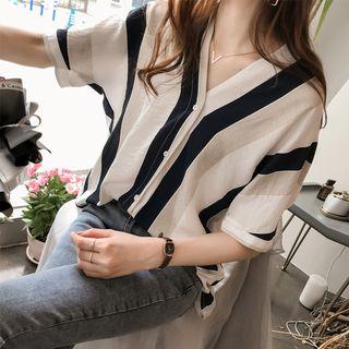 Elbow-sleeve Stripe V-neck Top