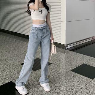 Short-sleeve Print Cropped T-shirt / Washed Baggy Jeans