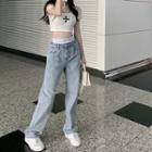 Short-sleeve Print Cropped T-shirt / Washed Baggy Jeans