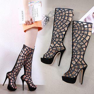 Rhinestone Open-toe Platform High-heel Tall Boots