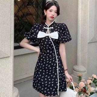 Puff-sleeve Bow Floral Print A-line Dress
