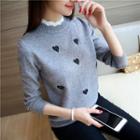 Heart Embroidered Mock Neck Sweater
