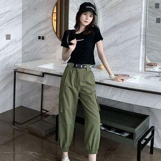 Short-sleeve Lettering Crop T-shirt & High-waist Harem Pants