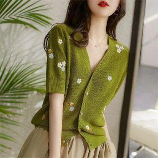 Elbow-sleeve Floral Embroidered Cardigan Green - One Size