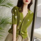 Elbow-sleeve Floral Embroidered Cardigan Green - One Size