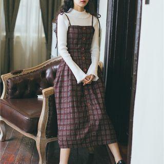 Set: Mock Neck Sweater + Plaid Strappy Midi Dress