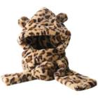 Leopard Print Bear Ear Fleece Hooded Scarf With Mittens 10 - Set Of 2 - Leopard - Khaki - 54cm To 58cm