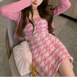 Houndstooth Knit Tube Top / Mini Fitted Skirt / Cardigan