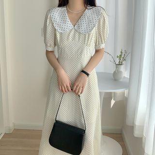 Short-sleeve Wide Collar Dotted Midi A-line Dress