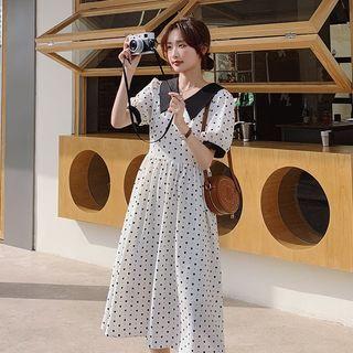 Puff-sleeve Collar Dotted Midi A-line Dress