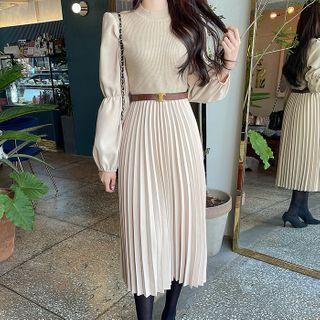 Knit-panel Long Pleated Dress With Belt