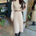 Knit-panel Long Pleated Dress With Belt