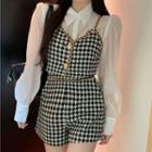 Plain Long-sleeve Shirt / Houndstooth Cropped Camisole Top / High-waist Houndstooth Shorts
