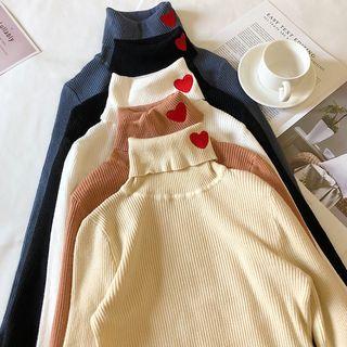 Turtleneck Heart Embroidered Long-sleeve Knit Top