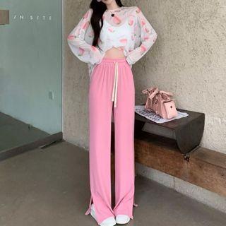 Long-sleeve Strawberry Print T-shirt / Wide Leg Pants