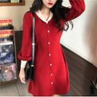 Long-sleeve Two-tone Slim-fit Knit Dress Red - One Size