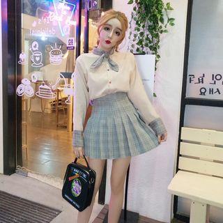 Set: Tie-neck Corduroy Shirt + Plaid Mini A-line Pleated Skirt
