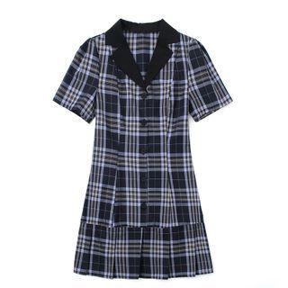 Short-sleeve Open-collar Plaid Pleated Mini A-line Shirtdress