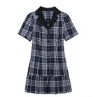 Short-sleeve Open-collar Plaid Pleated Mini A-line Shirtdress