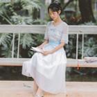 Lace Panel Short-sleeve V-neck Chiffon Dress