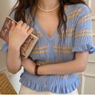 Short-sleeve Striped Button-up Pointelle Knit Top Blue - One Size