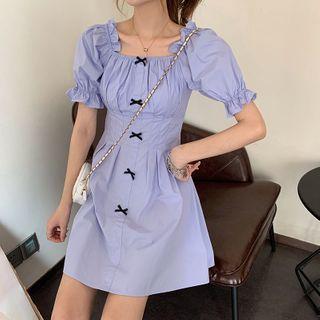 Bow-detail Puff Short-sleeve Ruched Midi Dress