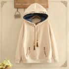 Embroidered Fringed Fleece-lined Hoodie