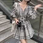 Puff-sleeve V-neck Plaid Top / Oversize Plaid Shorts