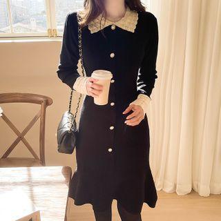 Contrast-collar Knit Mermaid Dress Black - One Size