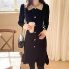 Contrast-collar Knit Mermaid Dress Black - One Size