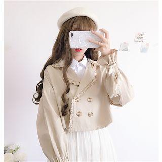 Set Wide Ruffle Long-sleeve Cropped Khaki - One Size