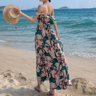 Set: Off-shoulder Print Top + Maxi A-line Skirt